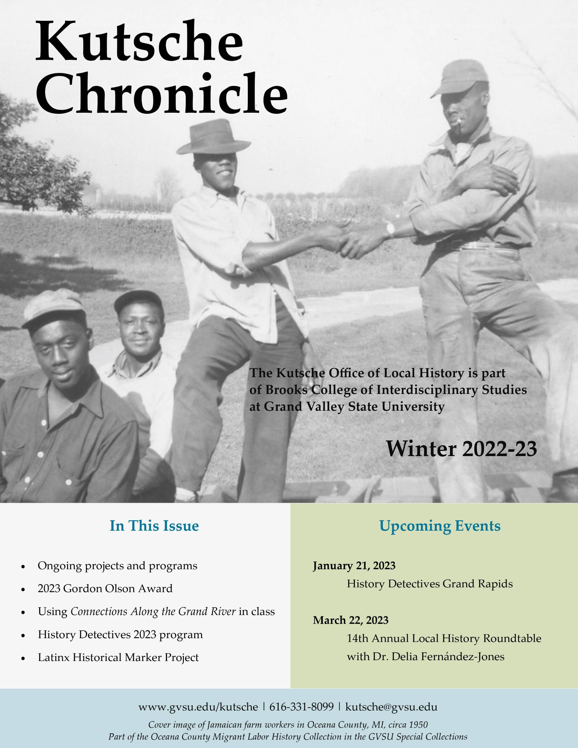 Cover of the Winter 2022-2023 Kutsche Chronicle featuring a photo of Jamaican migrant workers in Oceana County, MI circa 1950.